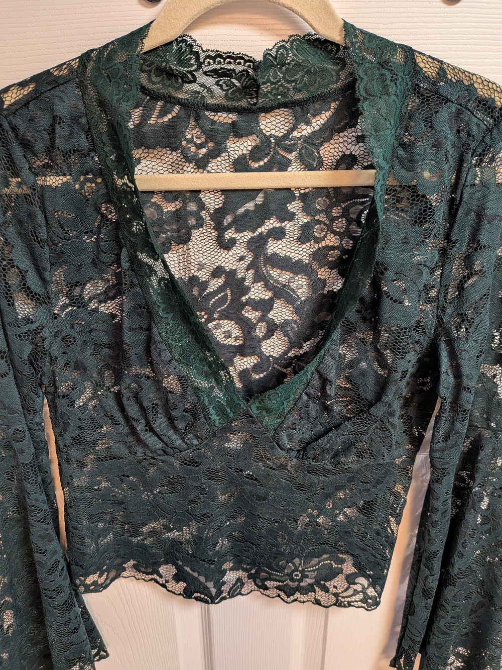 SHEIN Dark Green Floral Lace V-Neck Blouse